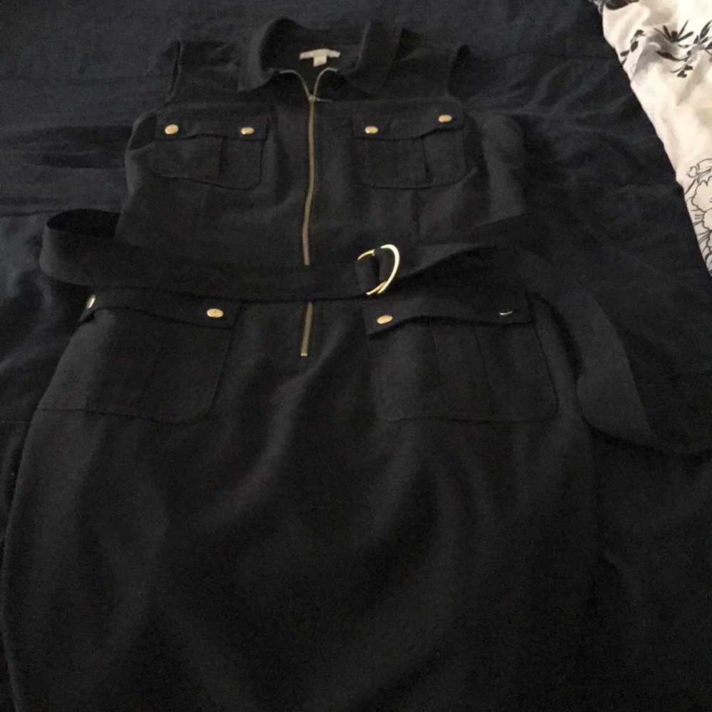 Black dress with gold buttons, gold front zipper